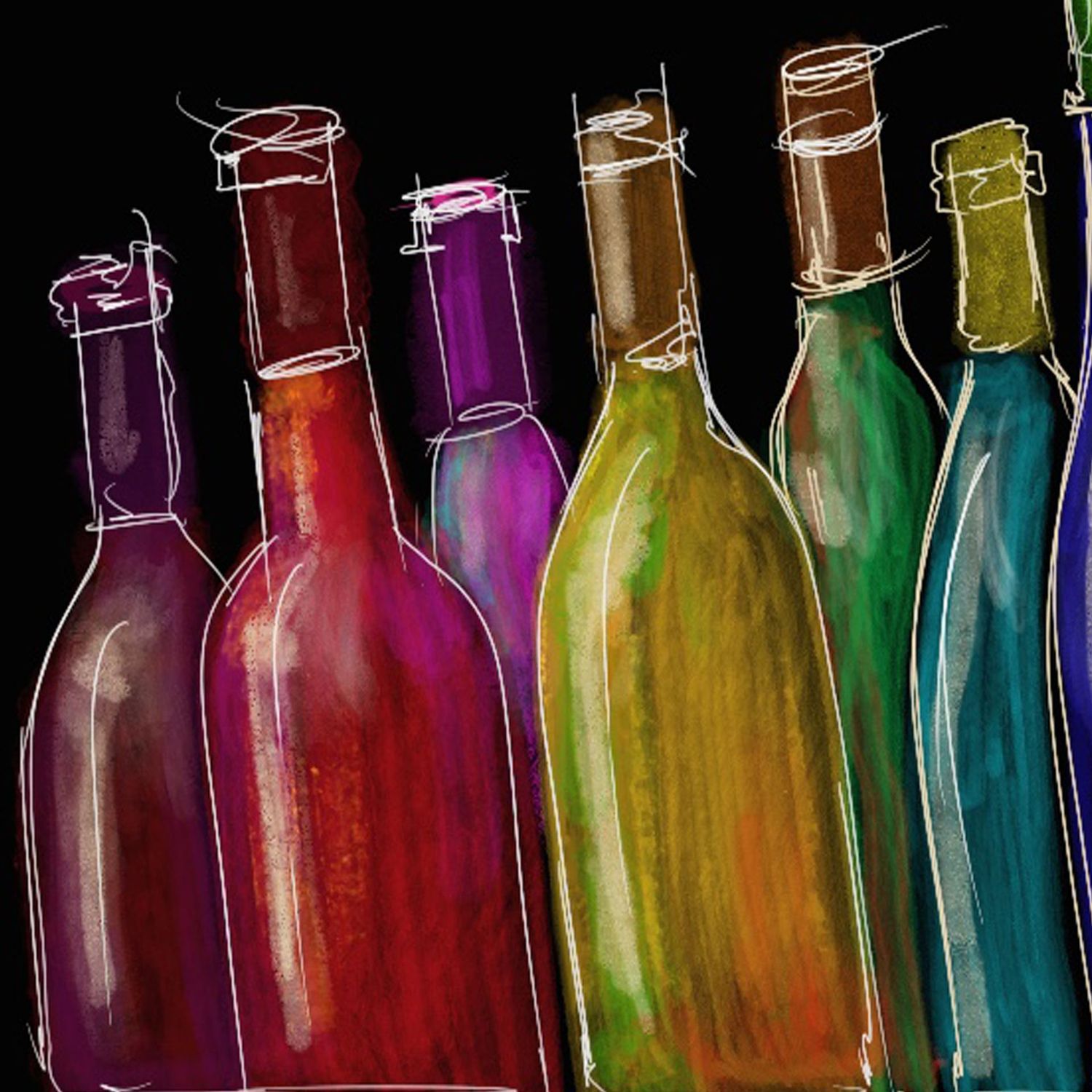 Künstlerfliese "Bunte Weinflaschen in bordeaux, rot, gelb, blau, rosa und grün im One-Line Stil, Hintergrund schwarz ", Unterseite mit Kork