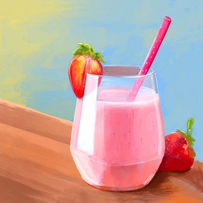 Künstlerfliese "Erdbeershake mit Strohhalm und Erdbeere am Glasrand und neben dem Glas, auf  einem Holztisch stehend, hellblauer, gelber Hintergrund", Unterseite mit Kork