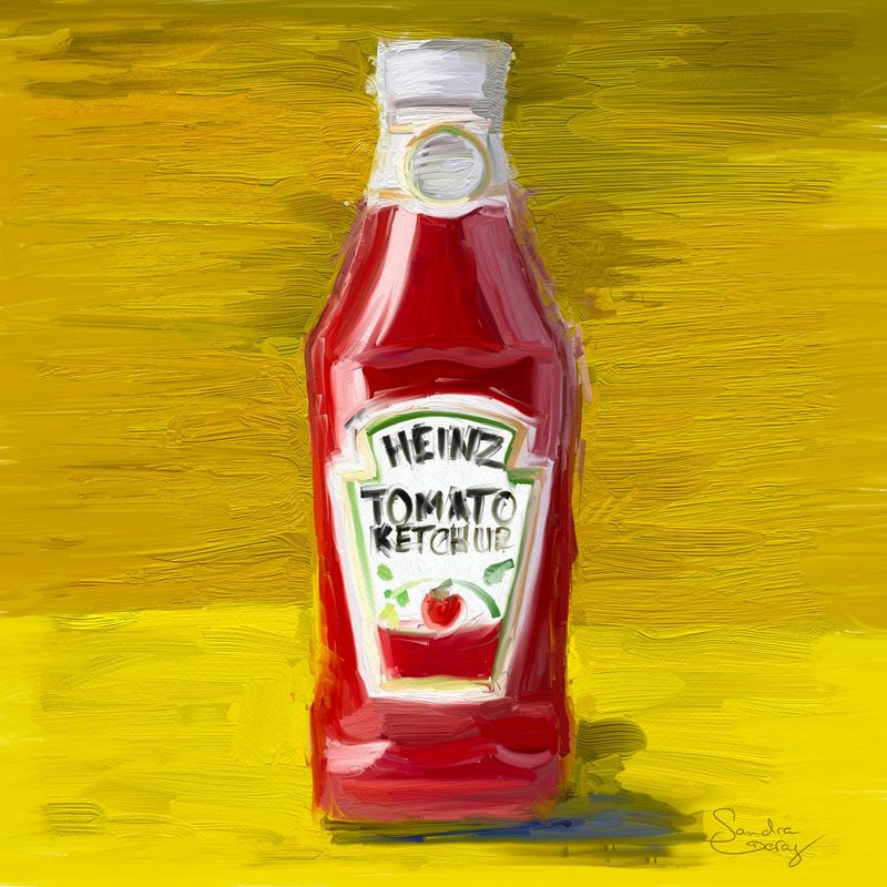 Ketchupflasche vor gelben, ockergelben Hintergrund