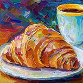 Croissant mit einer Tasse Café, Hintergrund mit verschiedenen Blau-, Grün- und Orangetönen gemalt