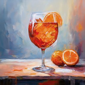 1 Glas Aperol Spritz mit Orangenscheibe am Glas vor hellem Hintergrund und 2 halben Orangen auf dem Tisch