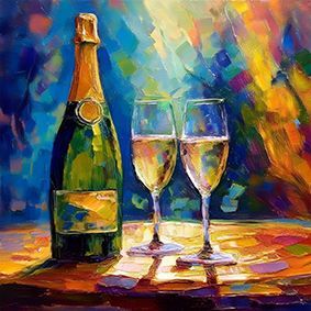Champagnerflasche mit 2 gefüllten Gläsern, steht auf einem Tisch, vor blau abgestuftem Hintergrund und Schatten auf dem Tisch