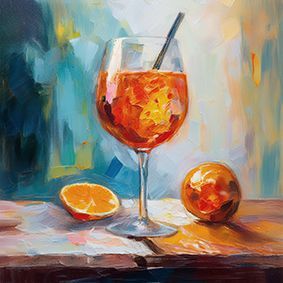 1 Glas Aperol Spritz mit Strohhalm vor hellem Hintergrund und einer halben und ganzen Orangen auf dem Tisch