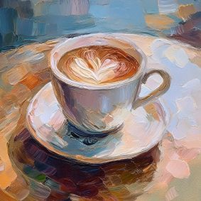 Tasse Café auf einem runden Holztisch, der Milchschaum bildet ein Herz, in hellen Brauntönen gehalten