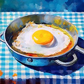 Spiegelei in einer Pfanne, mit einer blau-weiß karierten Tischdecke auf dem Tisch