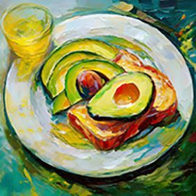 Teller mit aufgeschnittener Avocado auf einem Brot, Hintergrund in grün abgestuft 