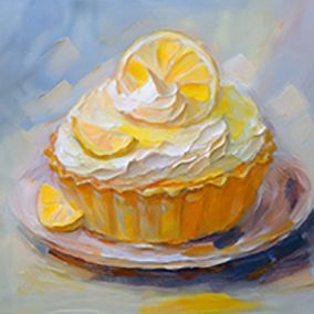 Zitronentartelette mit einer Scheibe Zitrone auf der Sahne, auf einem Teller, vor einem hellblauen, gelblichen Hintergrund