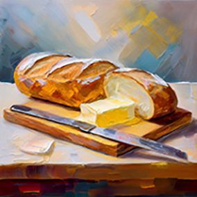 Baguette aufgeschnitten auf einem Holzbrett und auf einem Holztisch, mit Butter und Messer, vor hellem Hintergrund