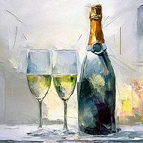 Champagnerflasche mit 2 gefüllten Gläsern, steht auf einem Tisch, vor hell abgestuftem Hintergrund 