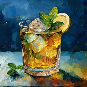 Ein Mojito im Whiskyglas mit Minzeblättern, Eiswürfel und Zitrone, vor blau abgestuftem Hintergrund