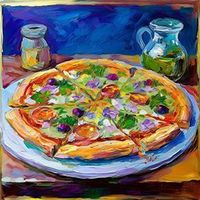 Pizza mit Salami und Oliven auf einem Teller, Olivenöl und Pfeffer im Hintergrund, vor blauem Hintergrund