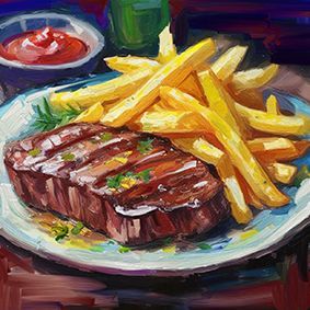 Steak mit Pommes Frites auf einem Teller, ein Schälchen Ketchup im Hintergrund, der Hintergrund ist blau mit etwas grün 