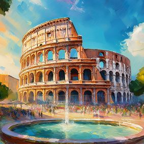 Colosseum in Rom mit Trevi Brunnen im Vordergrund, blauer Himmel und Sonnenschein