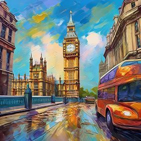 Straßenszene in London, mit einem Doppeldeckerbus auf nasser Straße und Big Ben im Hintergrund
