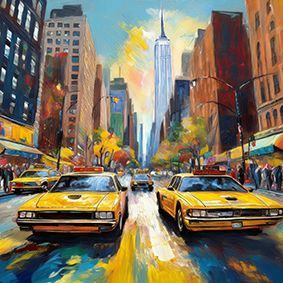 Straßenszene in New York, mit zwei gelben Taxis und One World Trade Center im Hintergrund