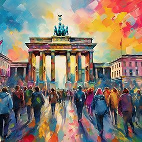 Brandenburger Tor mit vielen Menschen davor, Abendstimmung, bunter Himmel und Straße, gemalt