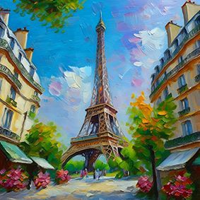 Straßenszene in Paris mit Cafés, mit Blick auf den Eiffelturm