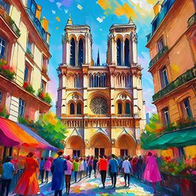Straßenszene in Paris mit Menschen und Cafés, im Hintergrund Notre Dame