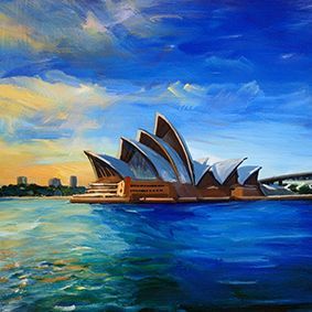 Opernhaus Sydney im Abendlicht, Blick vom Meer aus