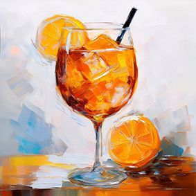 Illustrierte Keramikfliese, Aperol Spritz mit einer Orangenscheibe am Rand, Strohalm und Eiswürfel, halbe Orange auf Tisch.