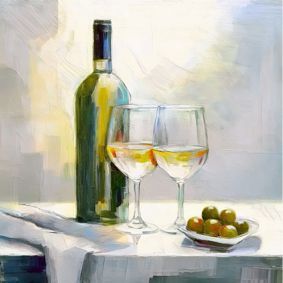 Eine Flasche Weißwein auf weißer Tischdecke und zwei halb gefüllte Gläser, eine Schale Oliven daneben, heller Hintergrund.