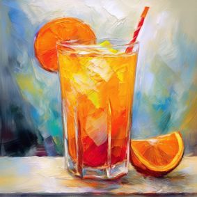 Glas Tequila Sunrise mit Orangenscheibe am Glasrand, Strohhalm auf hellem Holztisch, vor blau grauem Hintergrund.