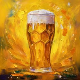 Großes Glas Bier mit Schaumkrone, vor gelbem Hintergrund.