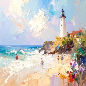 Felsenküste mit bunten Blumen, einem Leuchtturm mit schwarzem Dach, Menschen am Strand und im Meer.