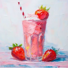 Erdbeershake mit einer Erdbeere oben drauf, Strohhlam, zwei Erdbeeren daneben, vor hellem Hintergrund.