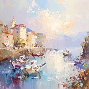 Ein Hafen mit Booten, rechts mit einer Felsenküste und bunten Blumen, links davon stehen Häuser im mediteranen Stil.