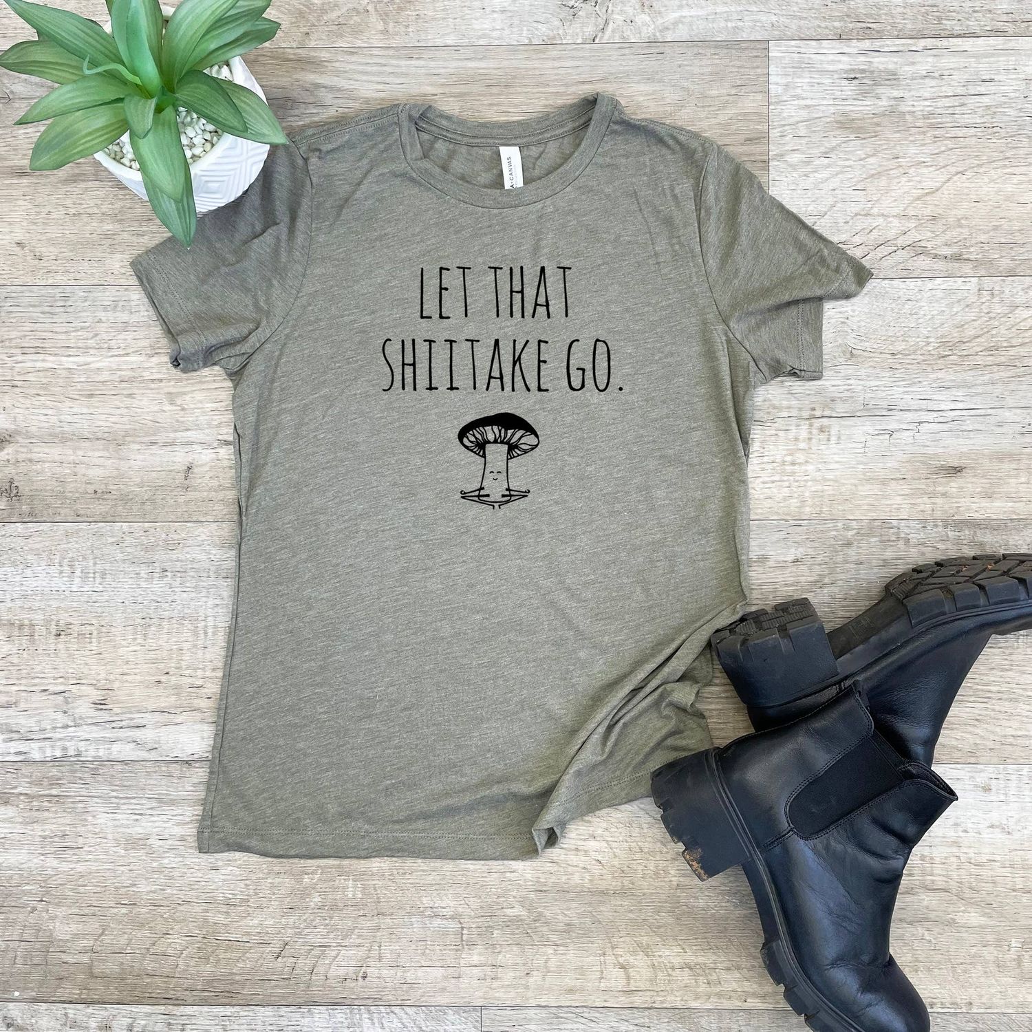 Let That Shiitake Go - Women&#39;s Crew Tee: Olive (Black Ink), XX-Large