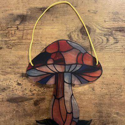 Mushroom “stained glass” wall hanging