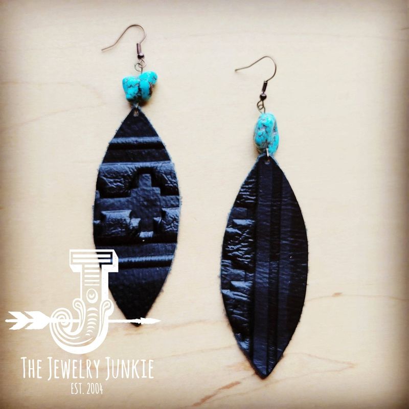 *Leather Oval Earrings in Black Navajo w/ Turquoise 216a: Multi