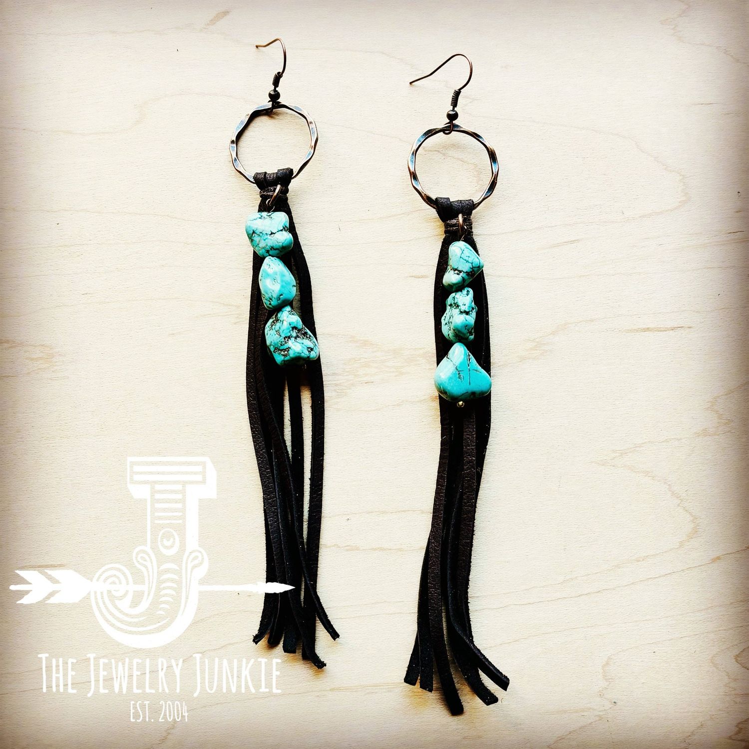 Leather Fringe Earrings with Turquoise Chunks Brown 218p: Multi