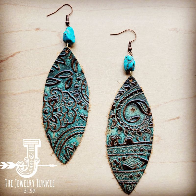 **Leather Oval Earrings Brown Paisley Turquoise Accent 206q: Multi