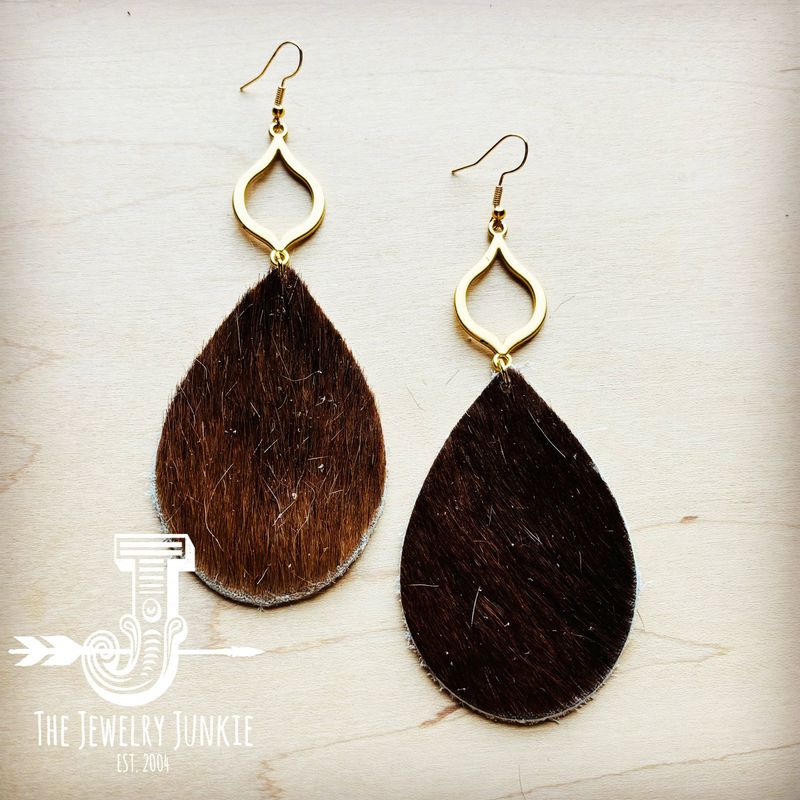 **Hair Hide Leather Teardrop Earrings Brown w/ Gold Dangle: Brown
