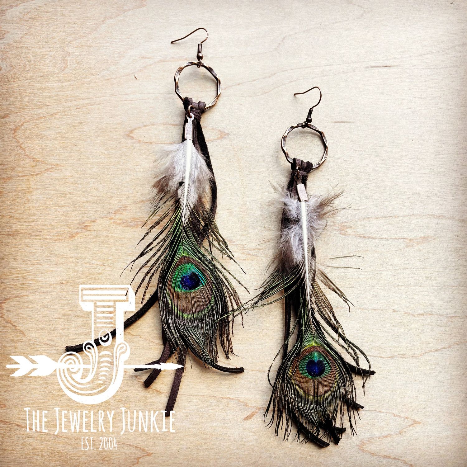 Brown Deer Skin Leather Tassel Earrings with Peacock Feather: Brown