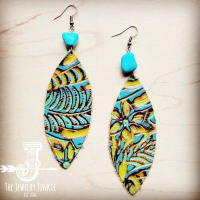 **Dallas Turquoise Leather Oval Dangle Earrings with Accent: Multi