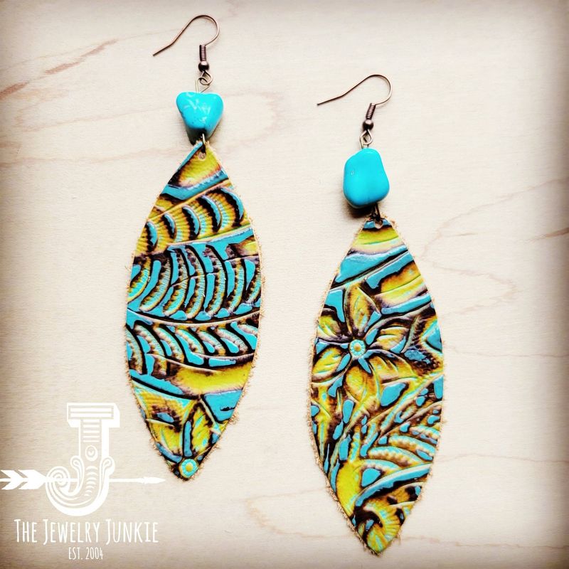 **Dallas Turquoise Leather Oval Dangle Earrings with Accent: Multi