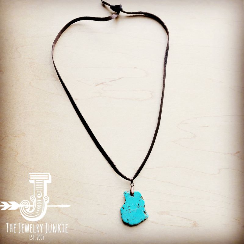 **Turquoise Slab Pendant on Leather Cord Necklace 254d