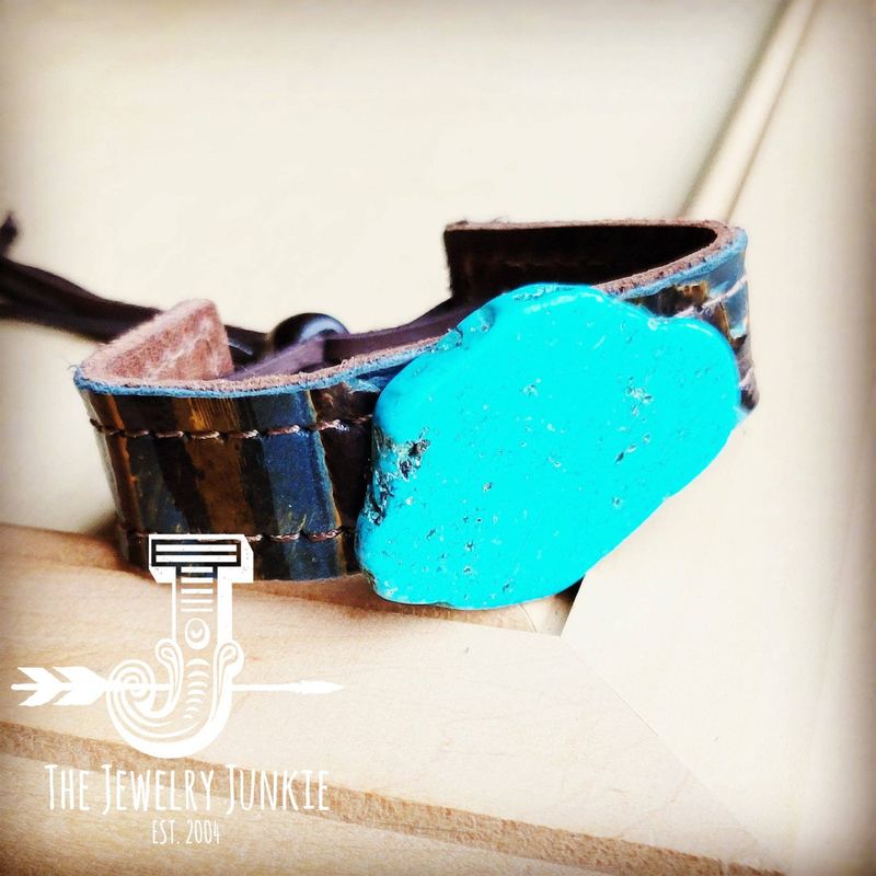 **Narrow Leather Cuff w/ Turquoise Slab-Blue Navajo 001i: Multi