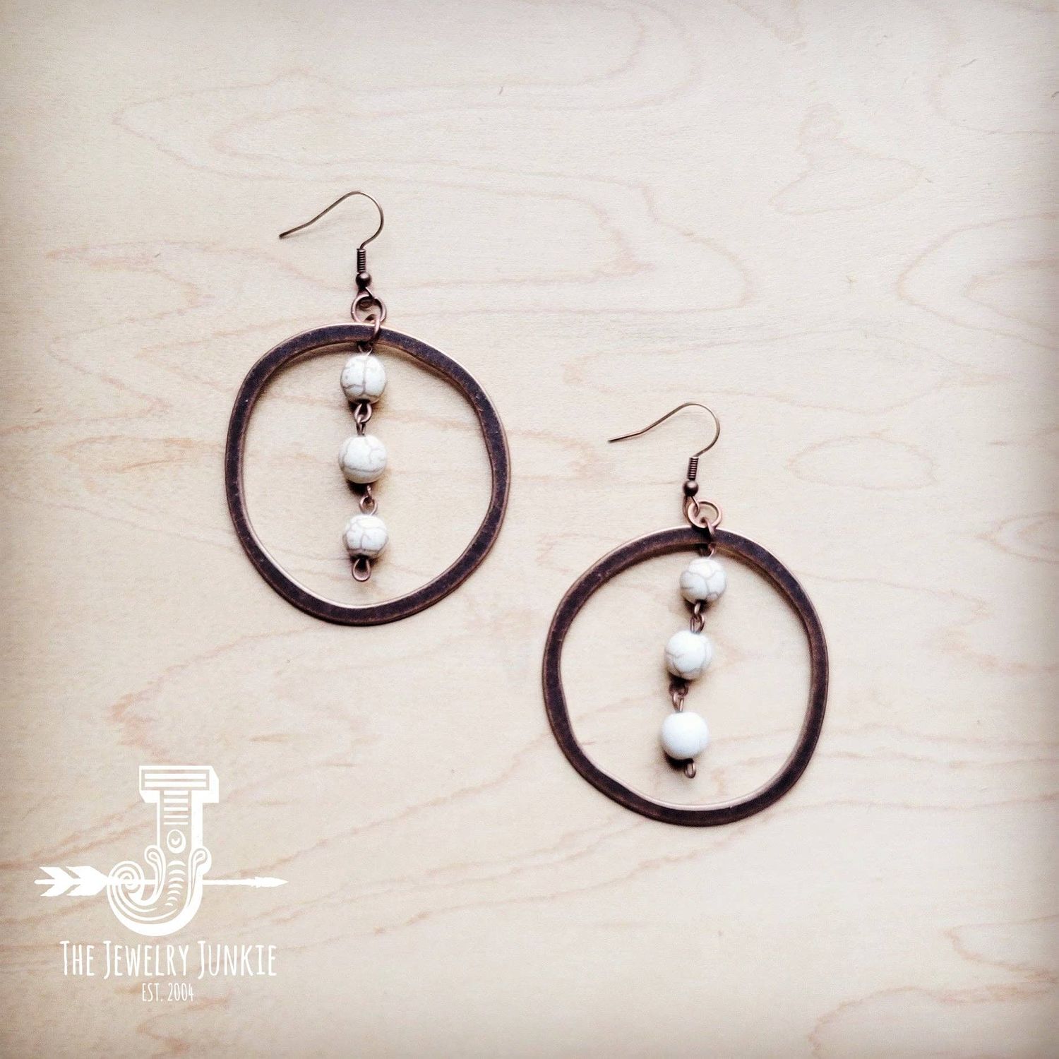 Western Copper Hoop Earrings w/ White Turquoise Beads 224g