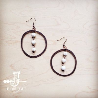 Western Copper Hoop Earrings w/ White Turquoise Beads 224g