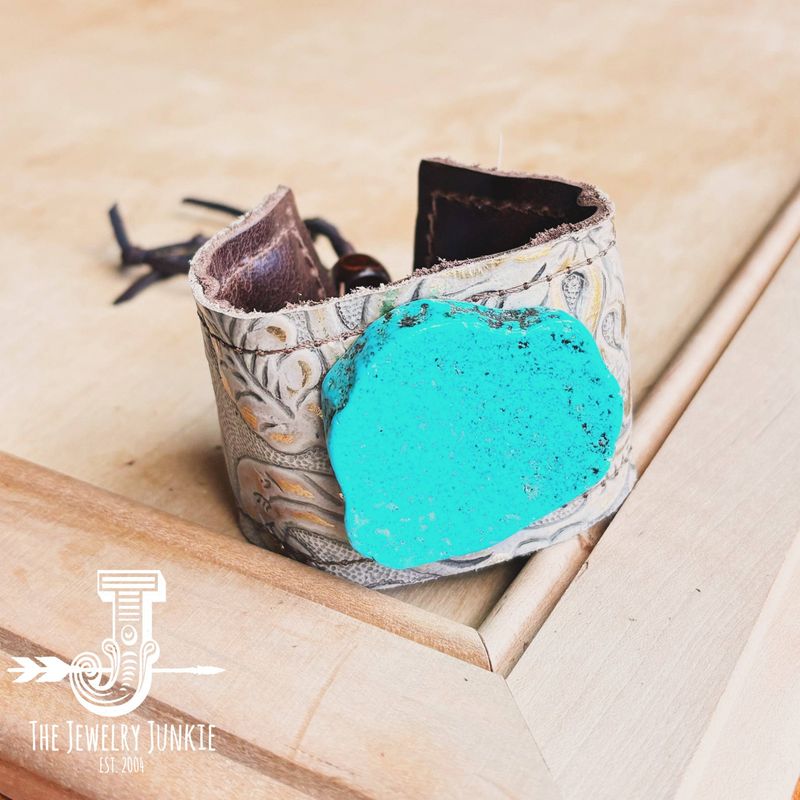 **Wide Gilded Cowboy Leather Cuff w/ Turquoise Slab 008y: Gilded Cowboy