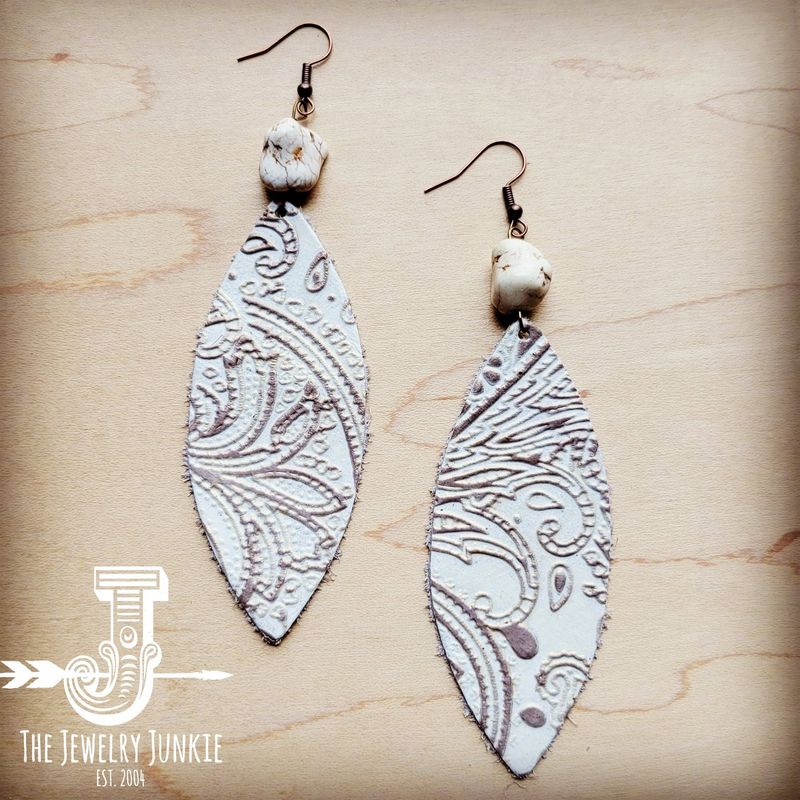 **Leather Oval Earrings in Oyster Paisley &amp; Turquoise Accent: Multi