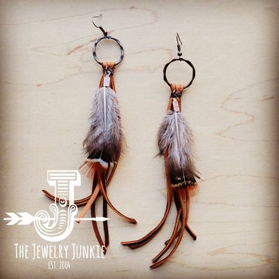 Boho Tan Deer Skin Leather Tassel Earring-Brown Feather 217c: Multi