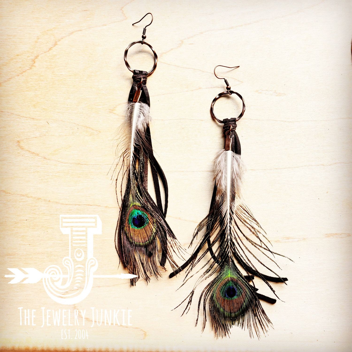 Black Deer Skin Leather Tassel Earrings with Peacock Feather: Black