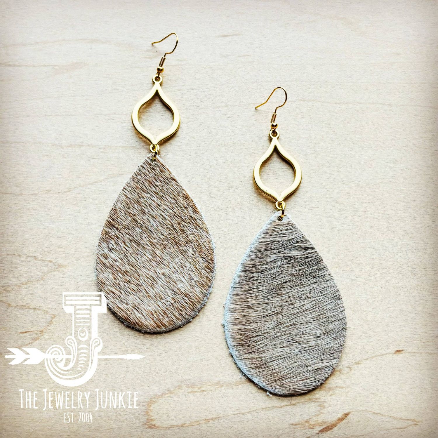 **Hair Hide Leather Teardrop Earrings Tan w/ Gold Dangle: Tan