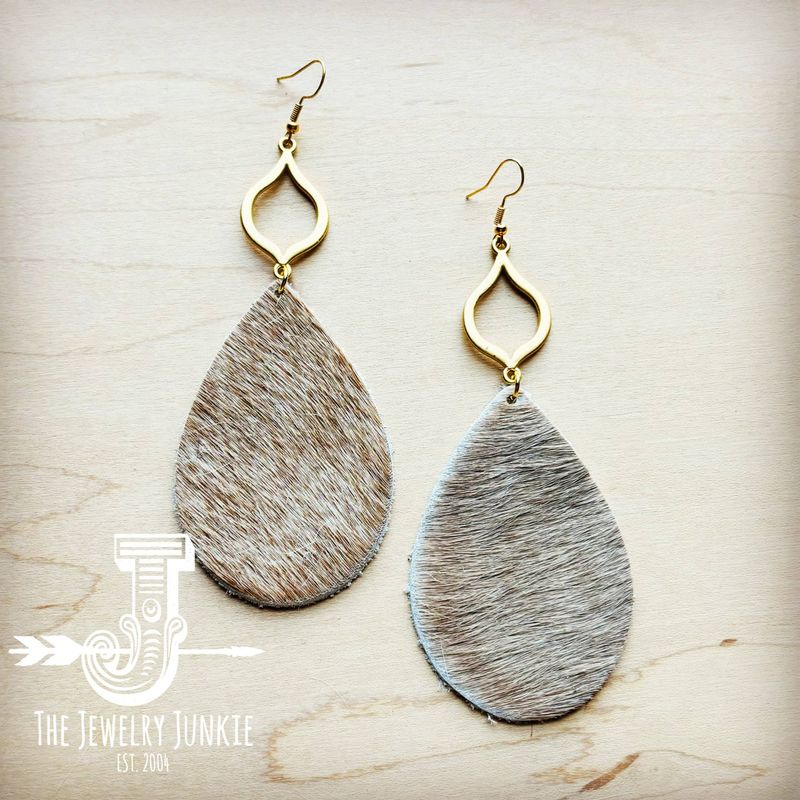 **Hair Hide Leather Teardrop Earrings Tan w/ Gold Dangle: Tan