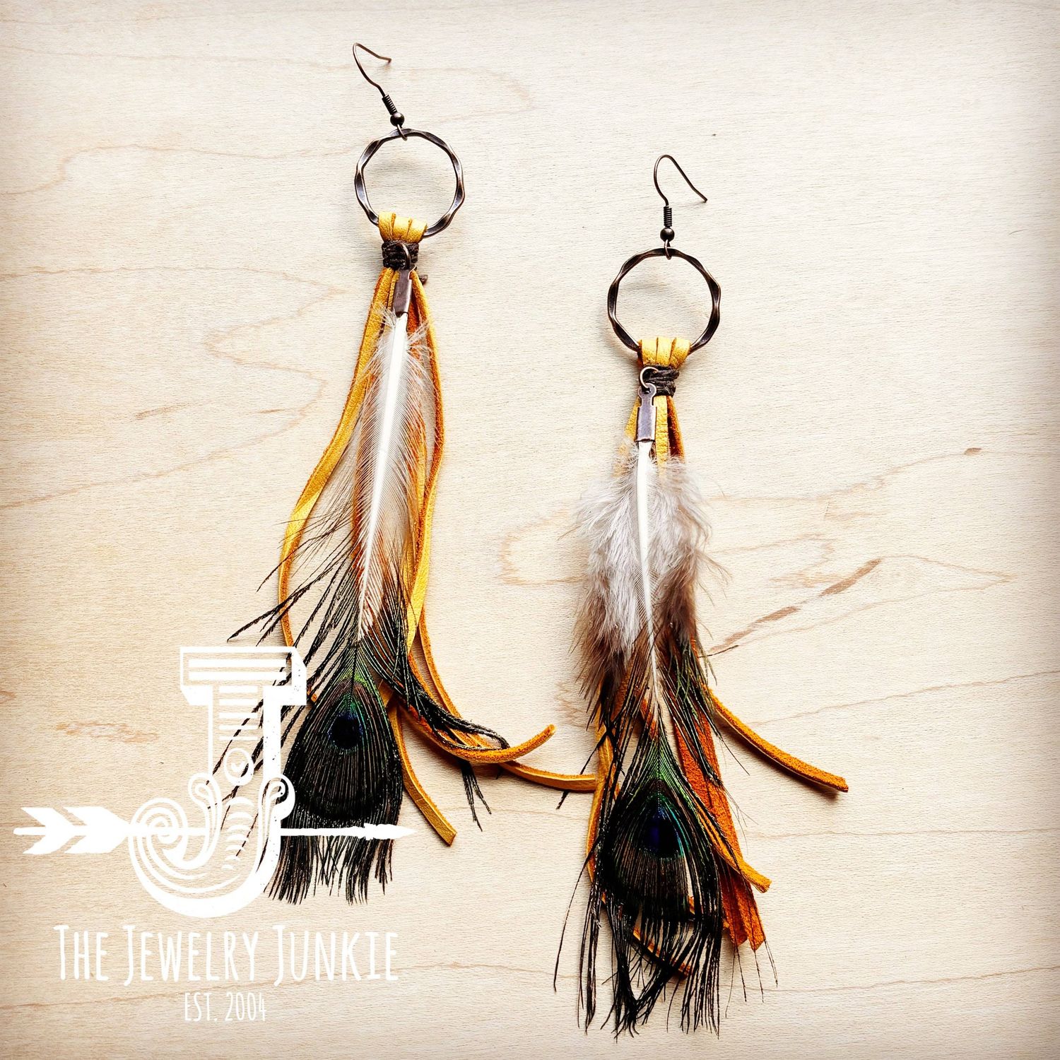 Yellow Deer Skin Leather Tassel Earrings, Peacock Feather: Yellow